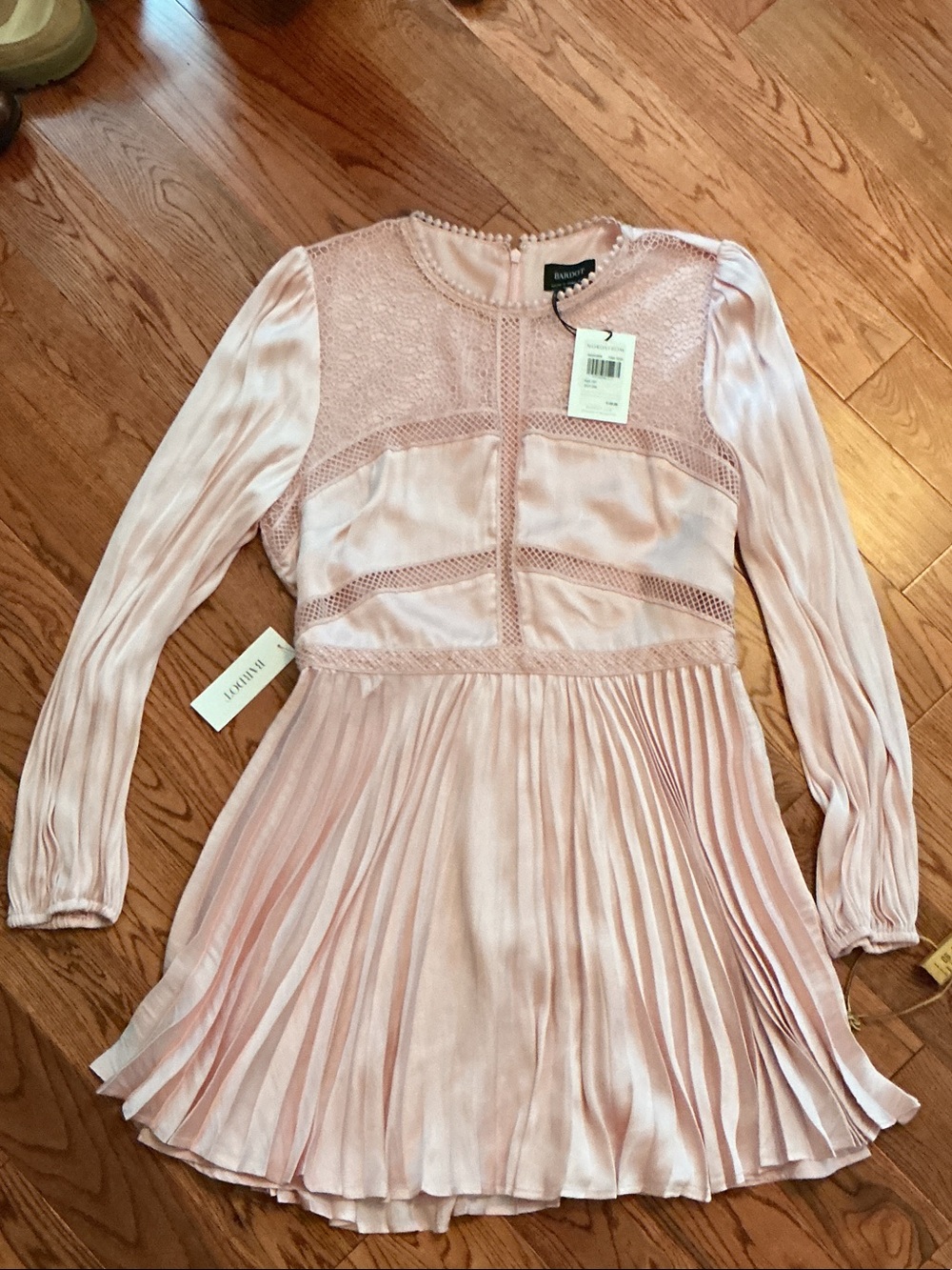 Bardot Pale Pink Pleated Lace-Detail Dress
